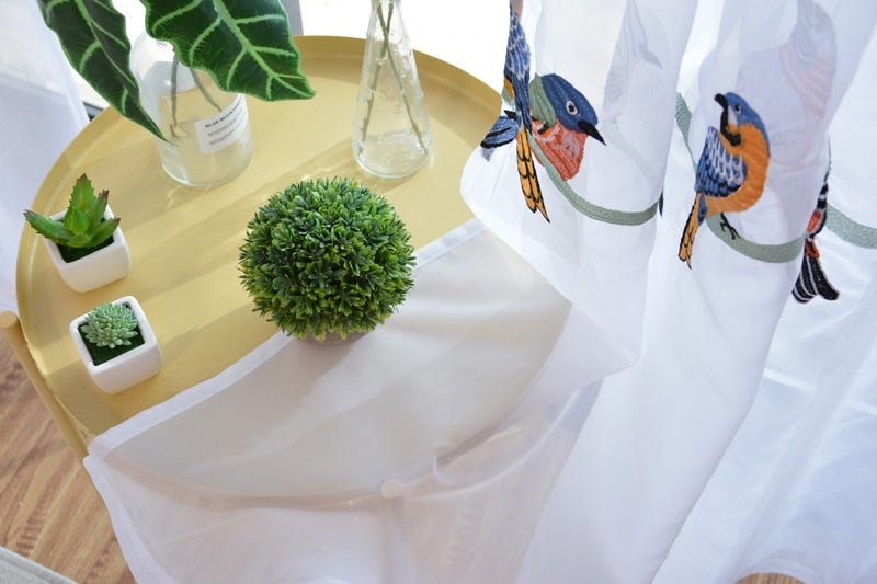White Sheer Embroidered Curtains. Beige Blackout Cotton Linen Drapes. Chippenham Birds Collection. WickedYo.
