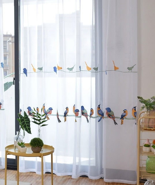White Sheer Embroidered Curtains. Beige Blackout Cotton Linen Drapes. Chippenham Birds Collection. WickedYo.