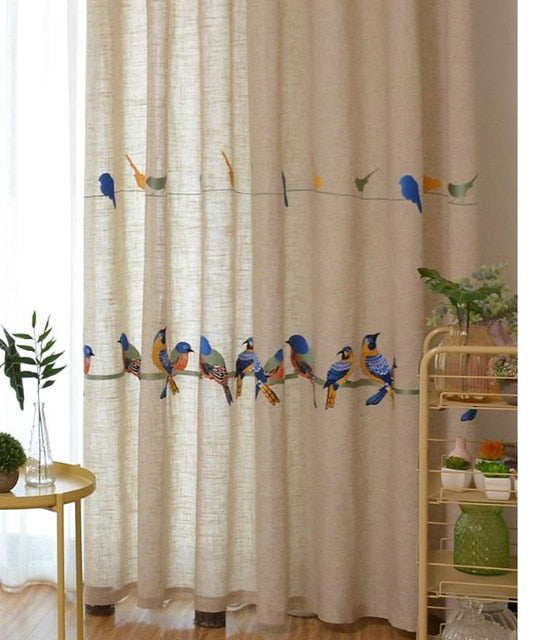 White Sheer Embroidered Curtains. Beige Blackout Cotton Linen Drapes. Chippenham Birds Collection. WickedYo.