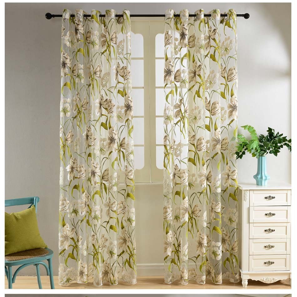 Coventry Flora Window Curtains. Living room Tulle or Voile Drapes. Green, Blue & Brown. Wickedyo.