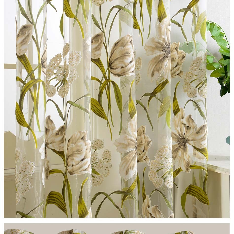 Coventry Flora Window Curtains. Living room Tulle or Voile Drapes. Green, Blue & Brown. Wickedyo.