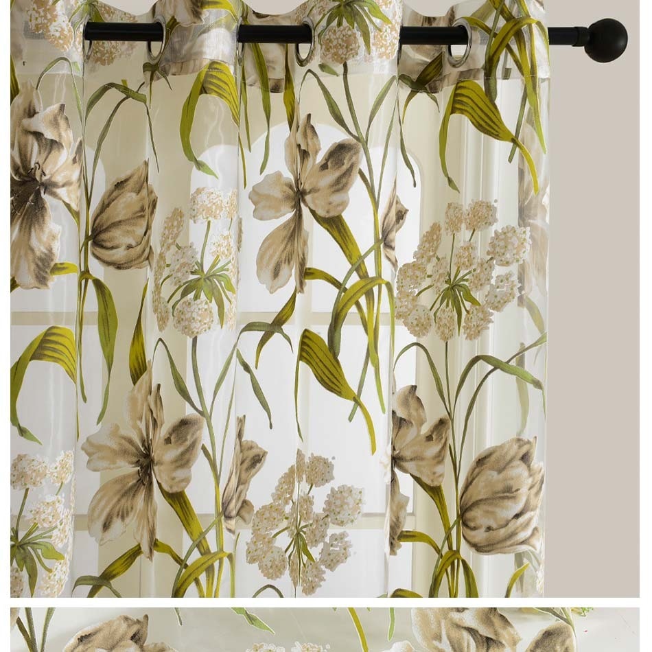 Coventry Flora Window Curtains. Living room Tulle or Voile Drapes. Green, Blue & Brown. Wickedyo.
