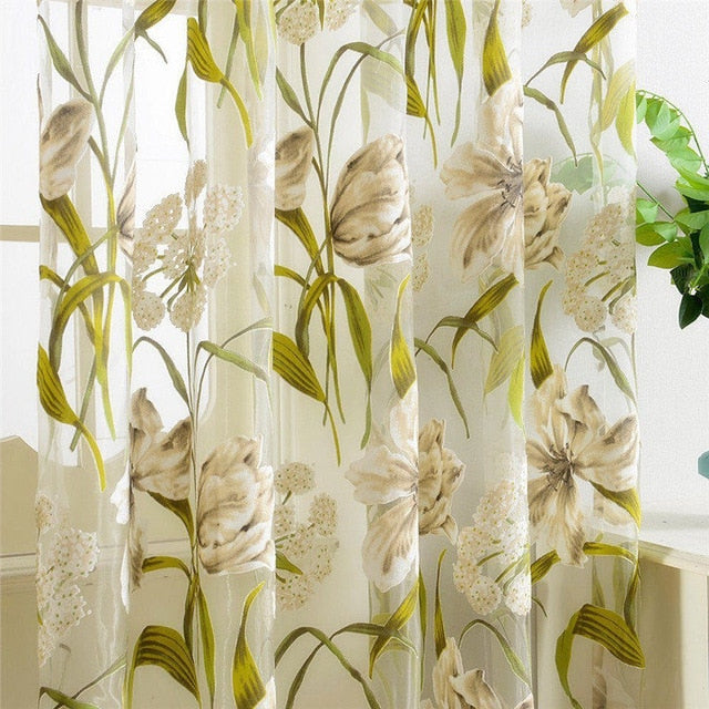 Coventry Flora Window Curtains. Living room Tulle or Voile Drapes. Green, Blue & Brown. Wickedyo.