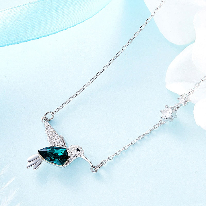 Classy Pendant Necklace, Green Crystal from Swarovski. Cute Silver & Zirconia Hummingbird Chain. WickedYo