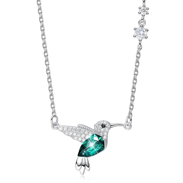 Classy Pendant Necklace, Green Crystal from Swarovski. Cute Silver & Zirconia Hummingbird Chain. WickedYo