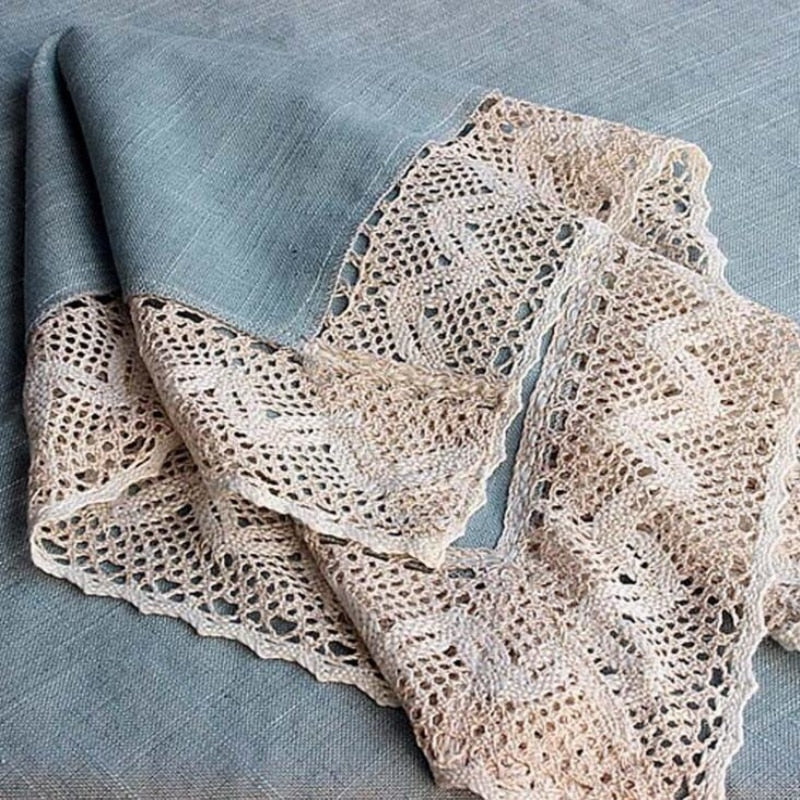 Sea Blue, classy table cloth with lace trim. European dining room decor. WickedYo.