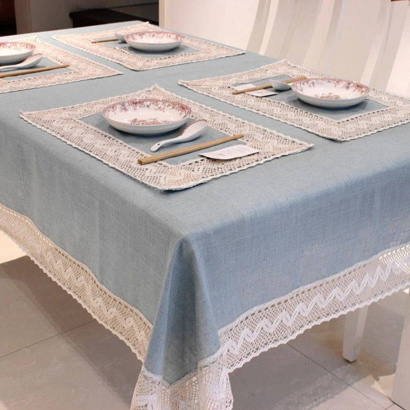 Sea Blue, classy table cloth with lace trim. European dining room decor. WickedYo.