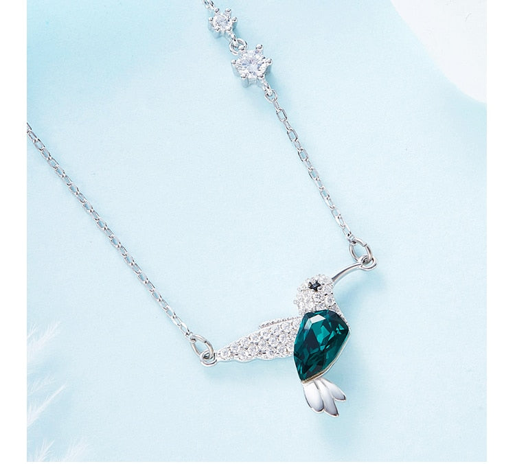 Classy Pendant Necklace, Green Crystal from Swarovski. Cute Silver & Zirconia Hummingbird Chain. WickedYo