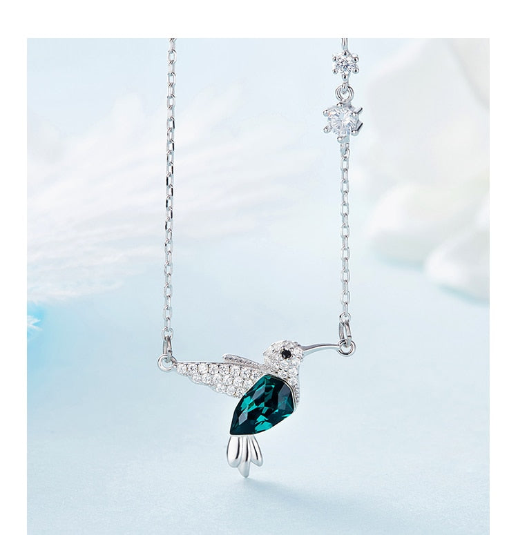 Classy Pendant Necklace, Green Crystal from Swarovski. Cute Silver & Zirconia Hummingbird Chain. WickedYo