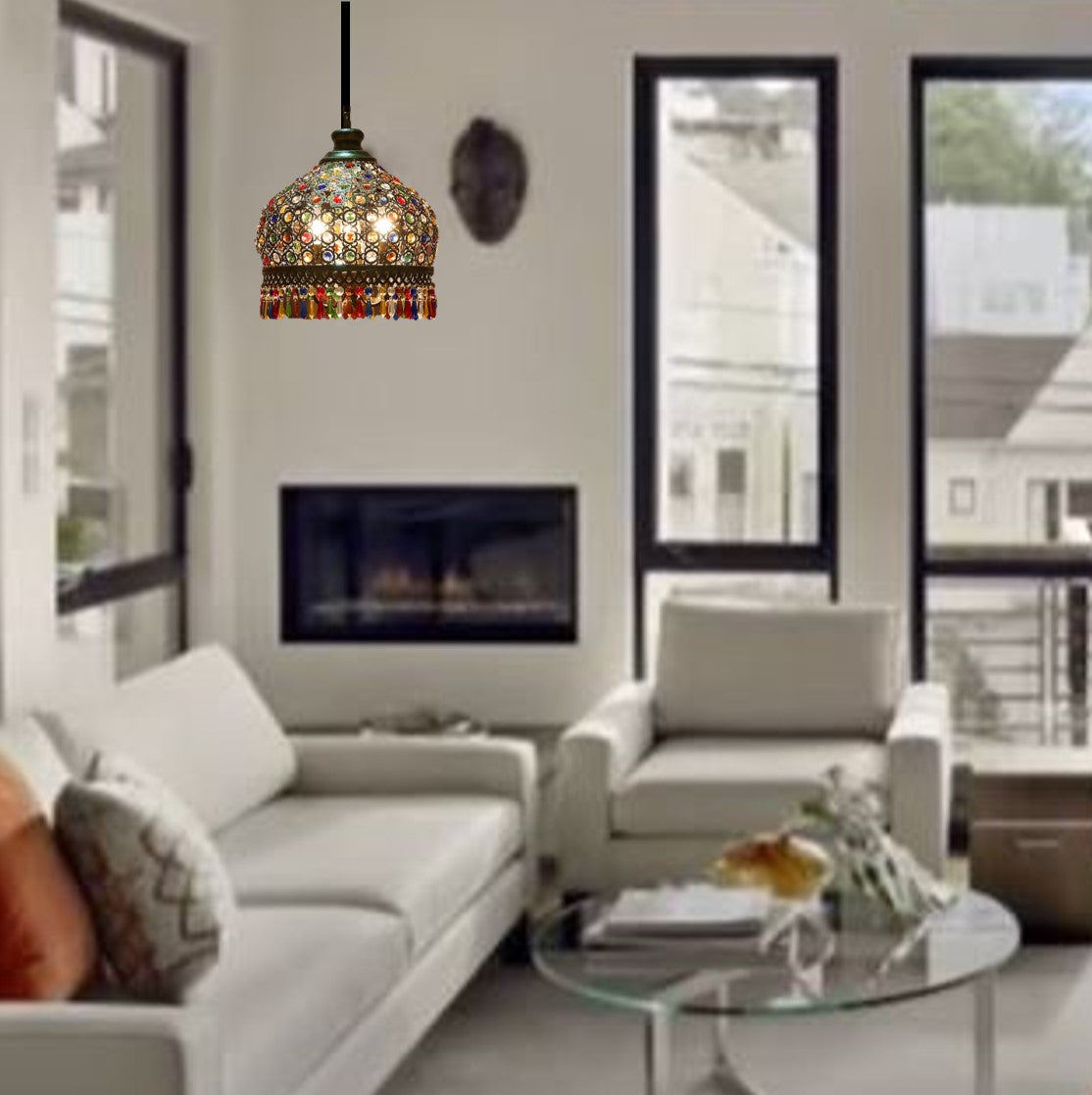 Stained Glass Look Pendant Lamp. Retro Chic Dining Room Light. Bar Area Hanging Lamp. WickedYo