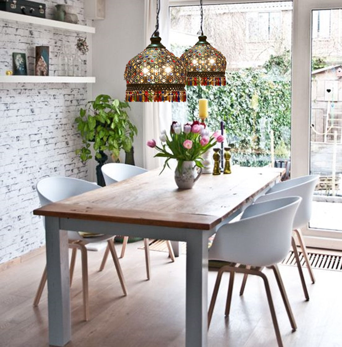 Stained Glass Look Pendant Lamp. Retro Chic Dining Room Light. Bar Area Hanging Lamp. WickedYo