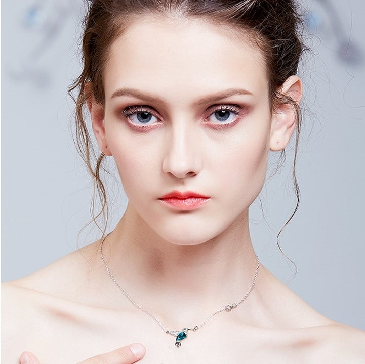 Classy Pendant Necklace, Green Crystal from Swarovski. Cute Silver & Zirconia Hummingbird Chain. WickedYo