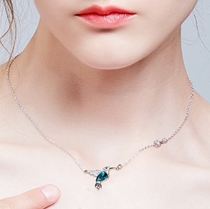 Classy Pendant Necklace, Green Crystal from Swarovski. Cute Silver & Zirconia Hummingbird Chain. WickedYo