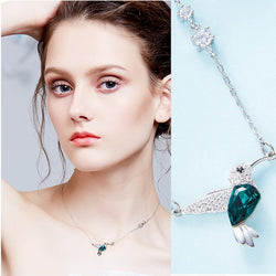 Classy Pendant Necklace, Green Crystal from Swarovski. Cute Silver & Zirconia Hummingbird Chain. WickedYo