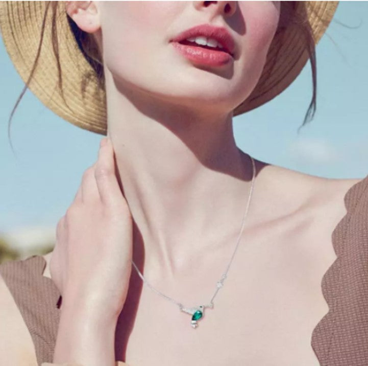 Classy Pendant Necklace, Green Crystal from Swarovski. Cute Silver & Zirconia Hummingbird Chain. WickedYo
