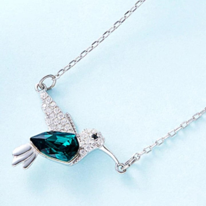 Classy Pendant Necklace, Green Crystal from Swarovski. Cute Silver & Zirconia Hummingbird Chain. WickedYo