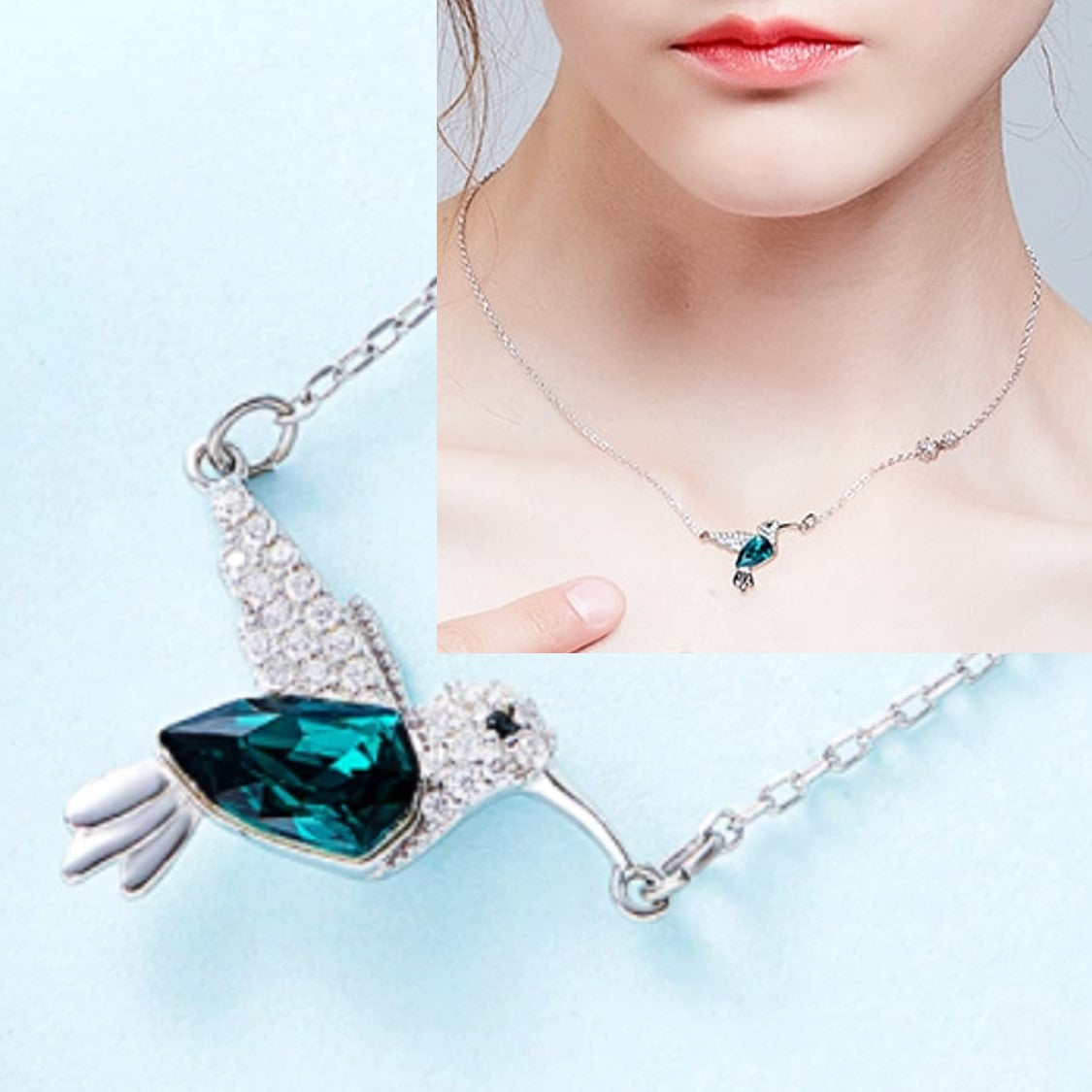Classy Pendant Necklace, Green Crystal from Swarovski. Cute Silver & Zirconia Hummingbird Chain. WickedYo