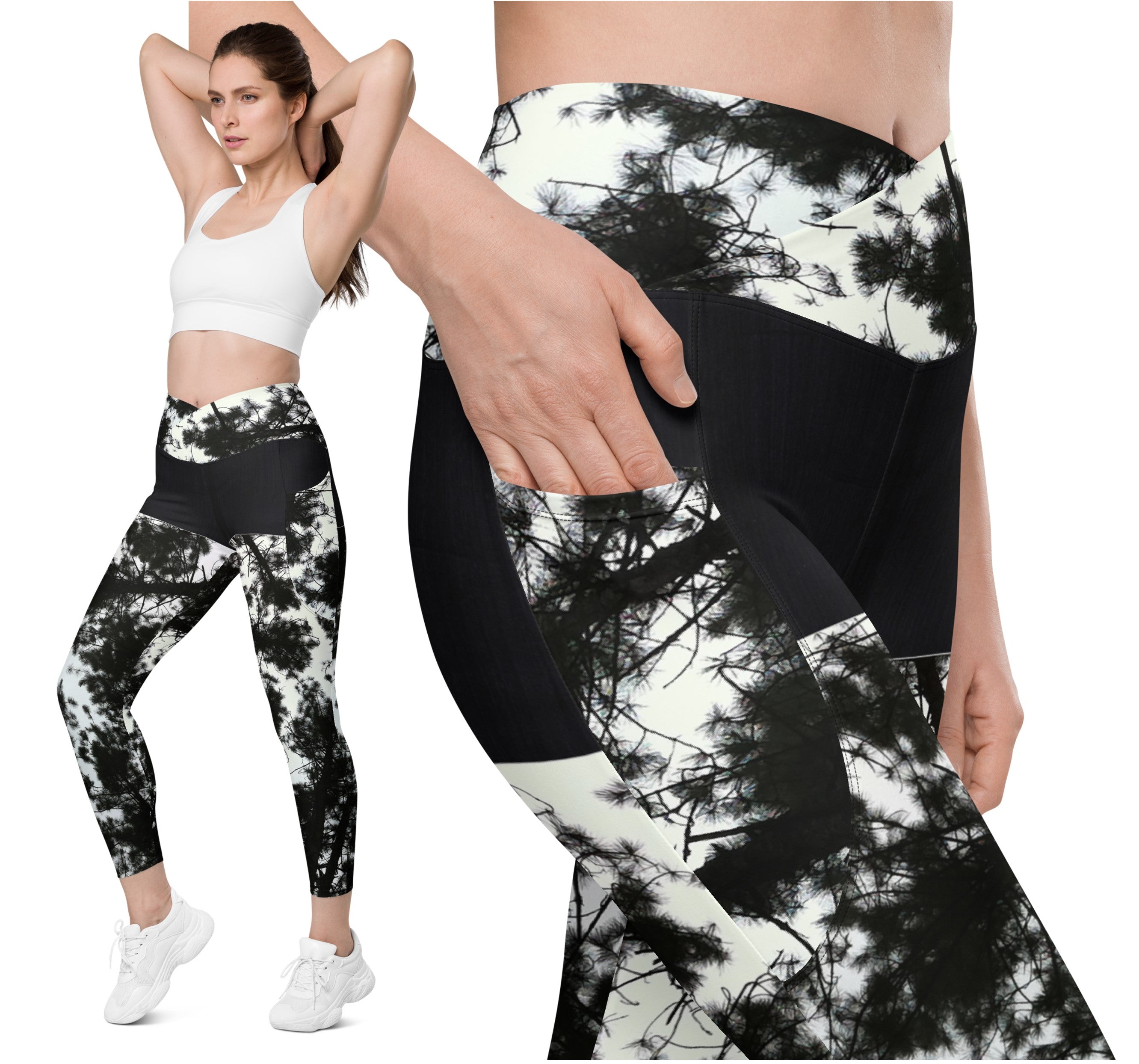 Workout or Dance Leggings with Pockets. Crossover Waist Yoga Pants- Black & White Leggings. WickedYo.